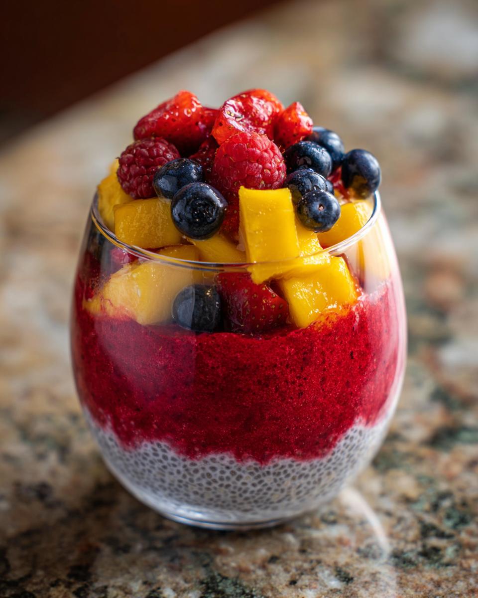 A layered chia parfait featuring watermelon, mixed berries, and mango in a glass.