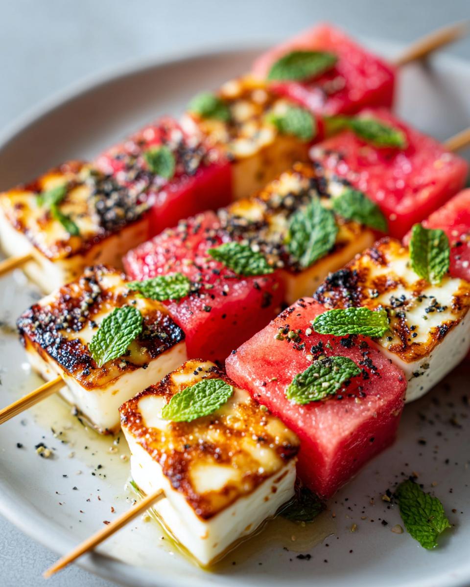 Close-up of grilled halloumi cheese and watermelon cubes on skewers, garnished with mint and spices.