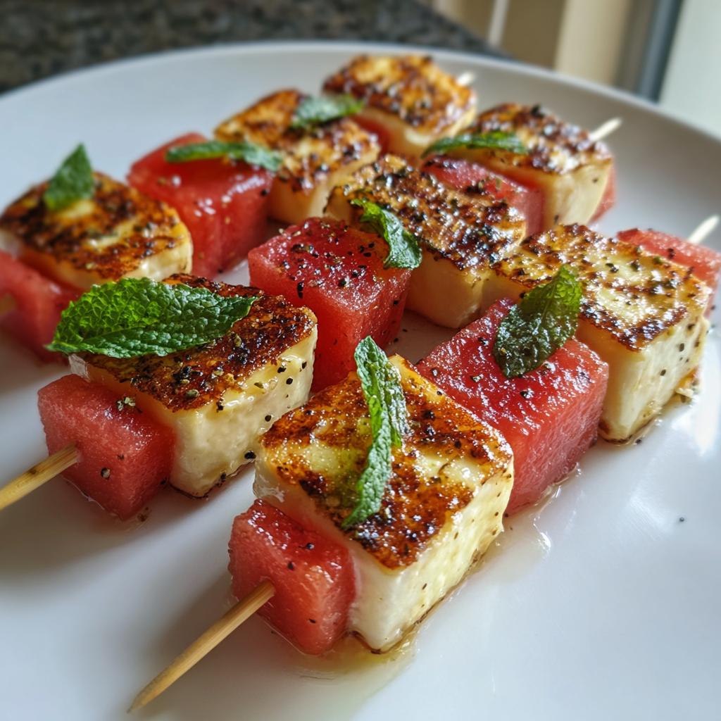 Close-up of grilled halloumi cheese and watermelon cubes on skewers, garnished with mint. Perfect for watermelon recipes.