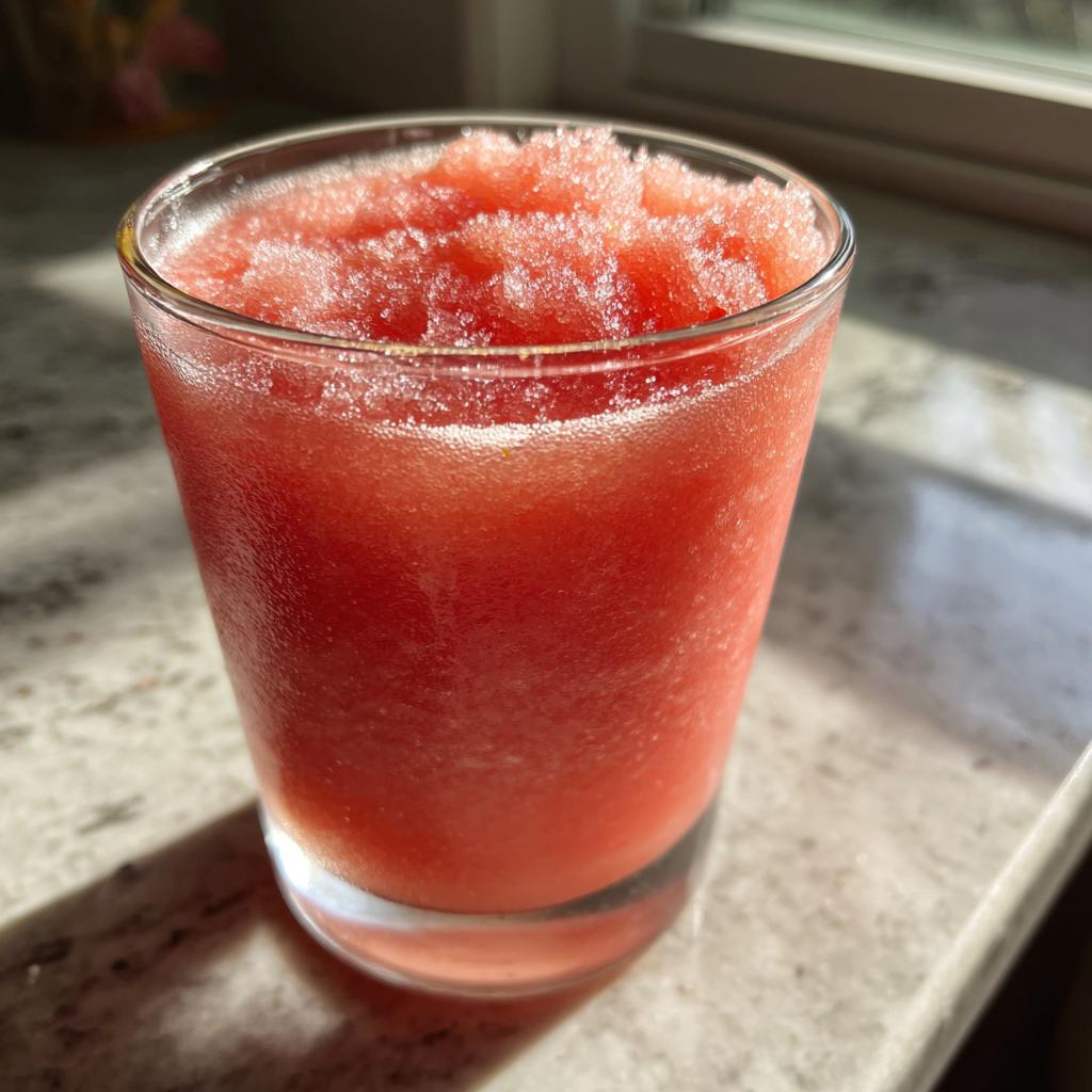 A close-up of a glass filled with a vibrant pink, icy watermelon slushy.