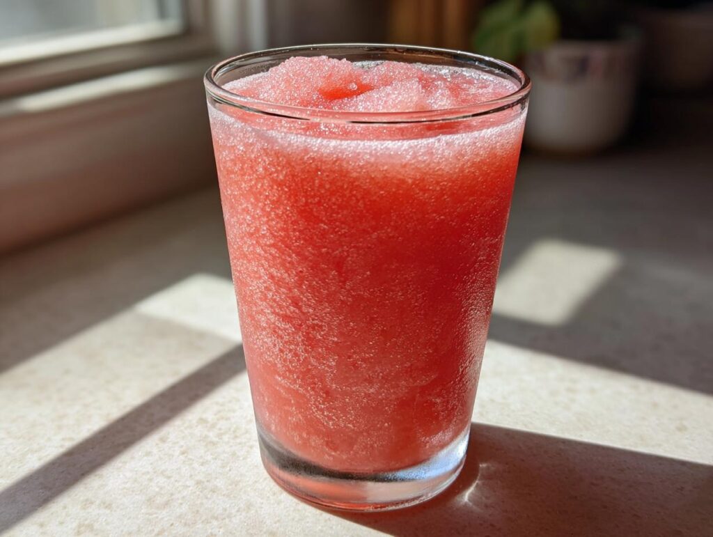 A tall glass filled with a vibrant pink, icy watermelon slushy drink, perfect for summer.