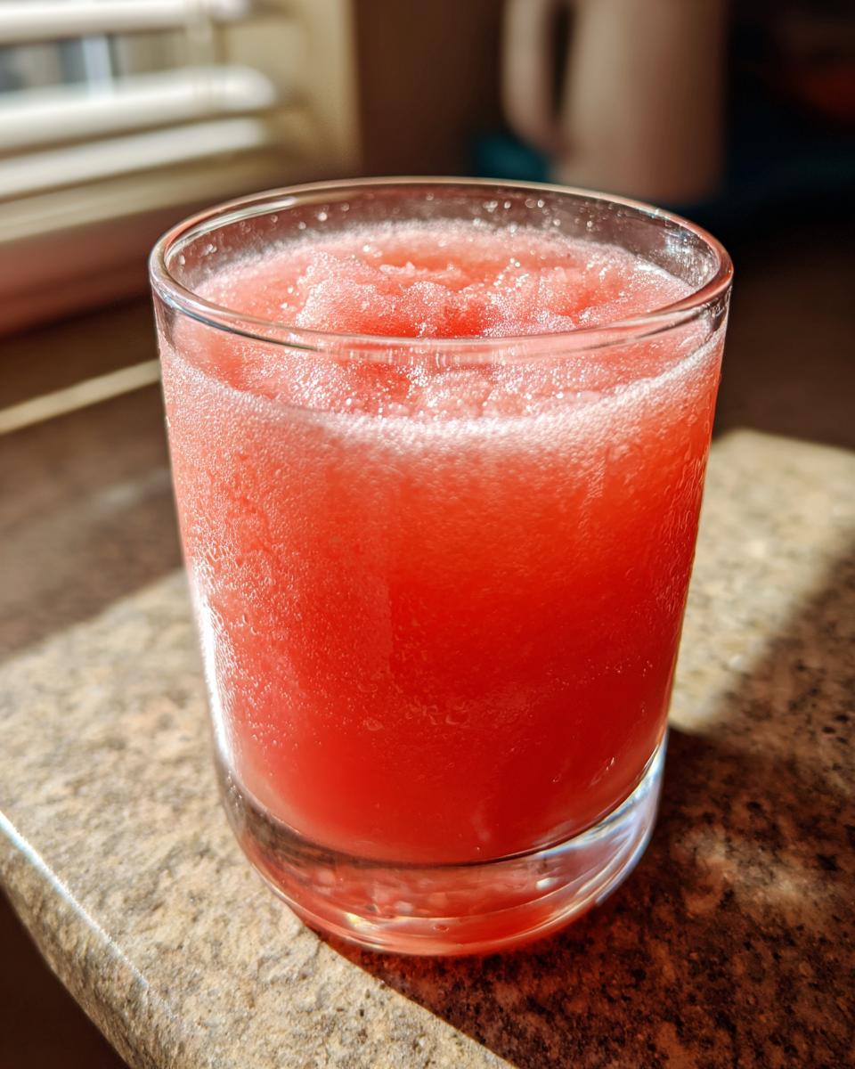 A close-up of a glass filled with a vibrant pink, icy watermelon slushy drink, perfect for hot summer days.