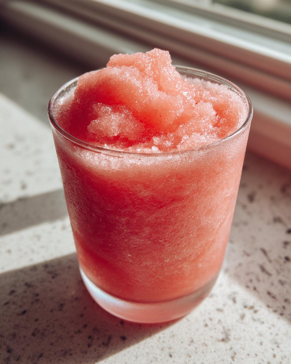 A close-up of a glass filled with a vibrant pink watermelon slushy drink, perfect for summer.