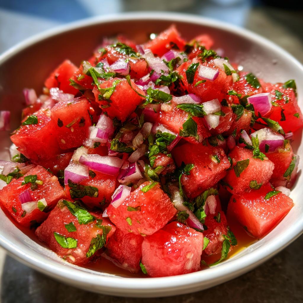 Close-up of a white bowl filled with fresh watermelon salsa, featuring diced watermelon, red onion, and cilantro.