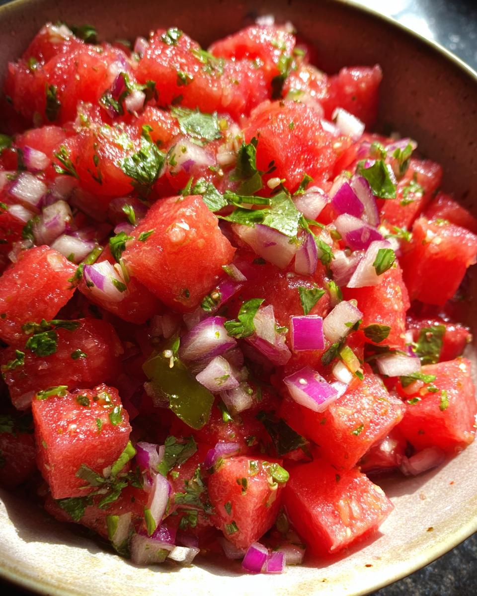 Close-up of a bowl filled with diced watermelon, red onion, cilantro, and jalapeño, a refreshing watermelon salsa.