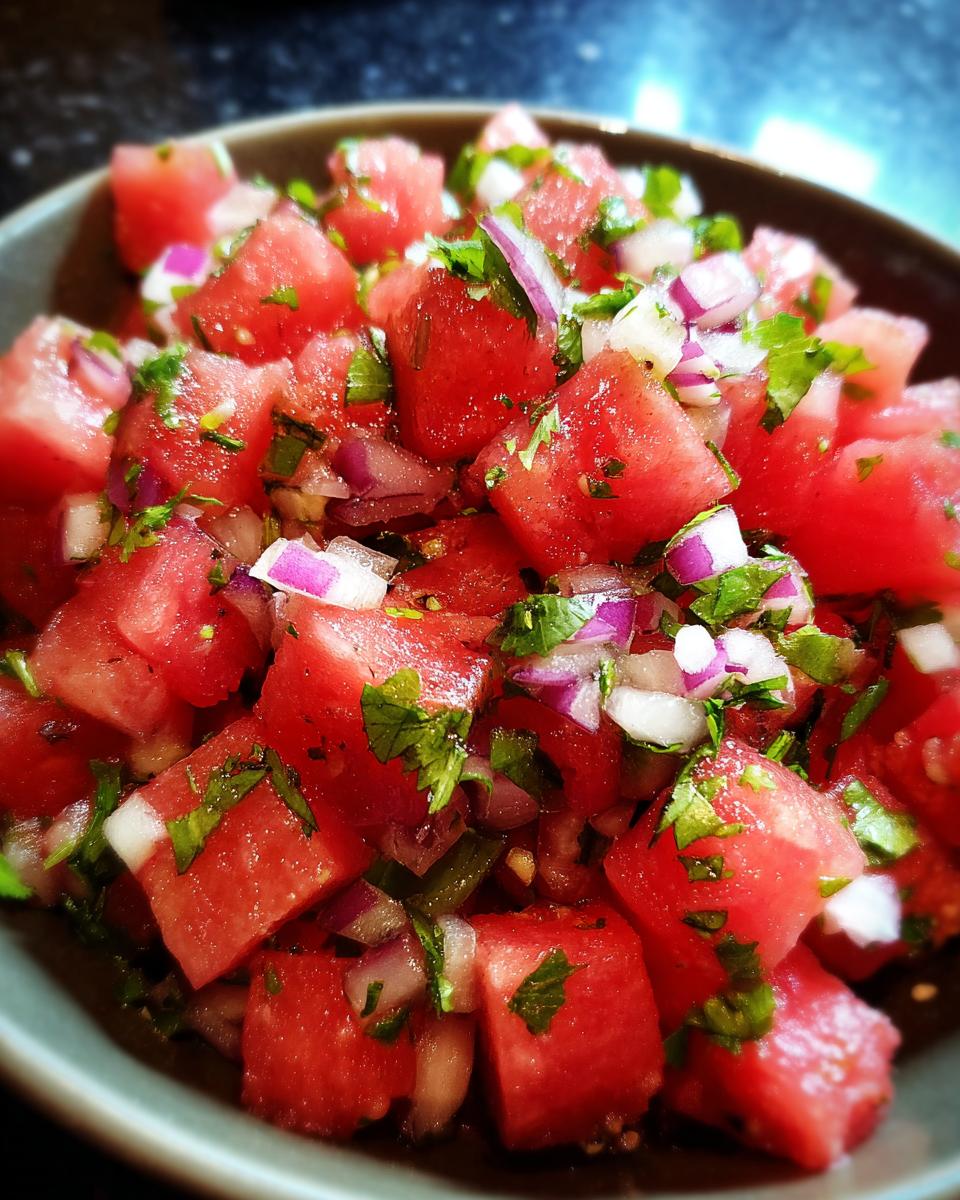 Close-up of a bowl filled with fresh watermelon salsa, featuring diced watermelon, red onion, and cilantro.