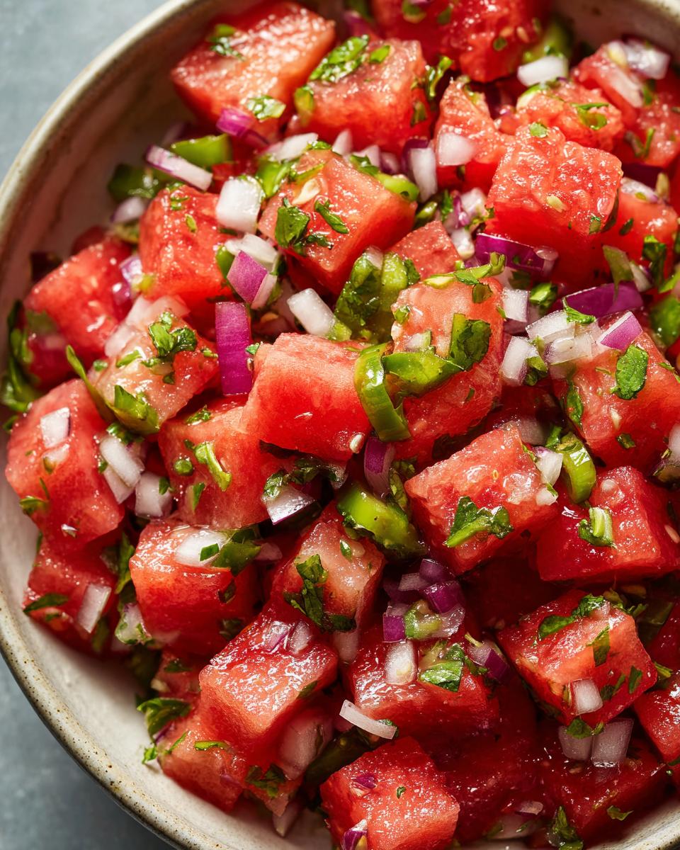 Close-up of a bowl filled with fresh watermelon salsa, featuring diced watermelon, red onion, jalapeño, and cilantro.