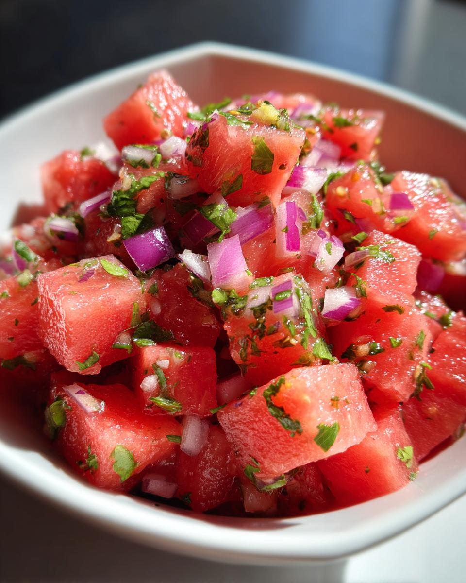 Close-up of a bowl filled with fresh watermelon salsa, featuring diced watermelon, red onion, and cilantro.