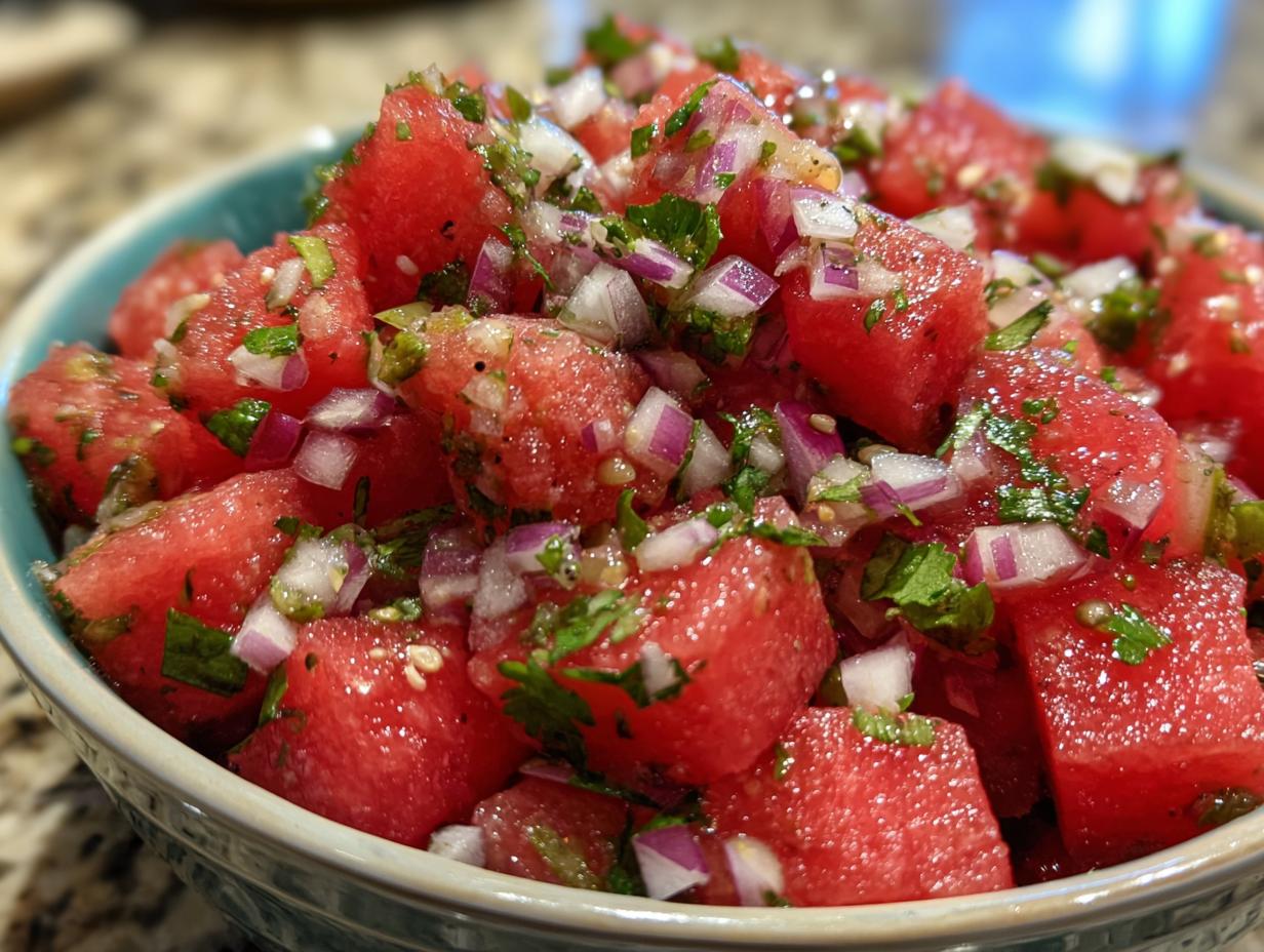 Close-up of a bowl filled with refreshing watermelon salsa, featuring diced watermelon, red onion, cilantro, and lime.