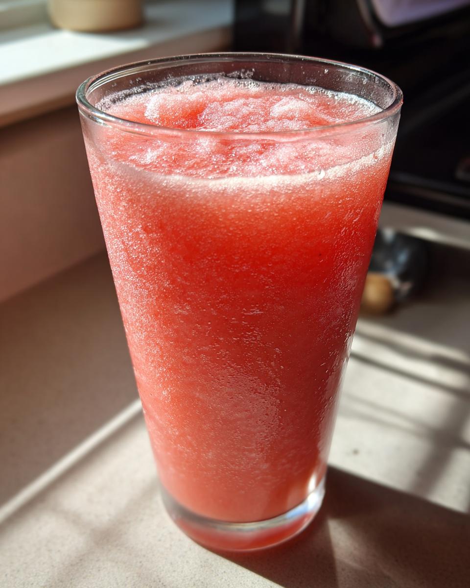 A tall glass filled with a vibrant pink, icy watermelon slushy, perfect for hot summer days.