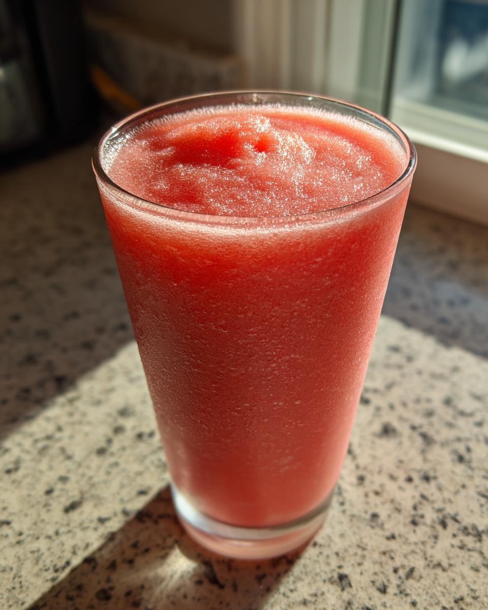 A tall glass filled with a vibrant red, icy watermelon slushy drink, perfect for summer.