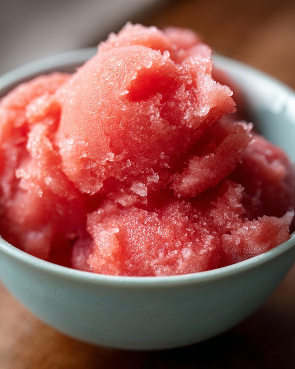 A close-up of a light blue bowl filled with vibrant pink watermelon sorbet, showcasing its icy texture.