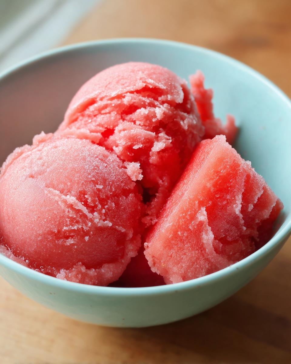 Close-up of scoops of pink watermelon sorbet in a light blue bowl, with a piece of watermelon.