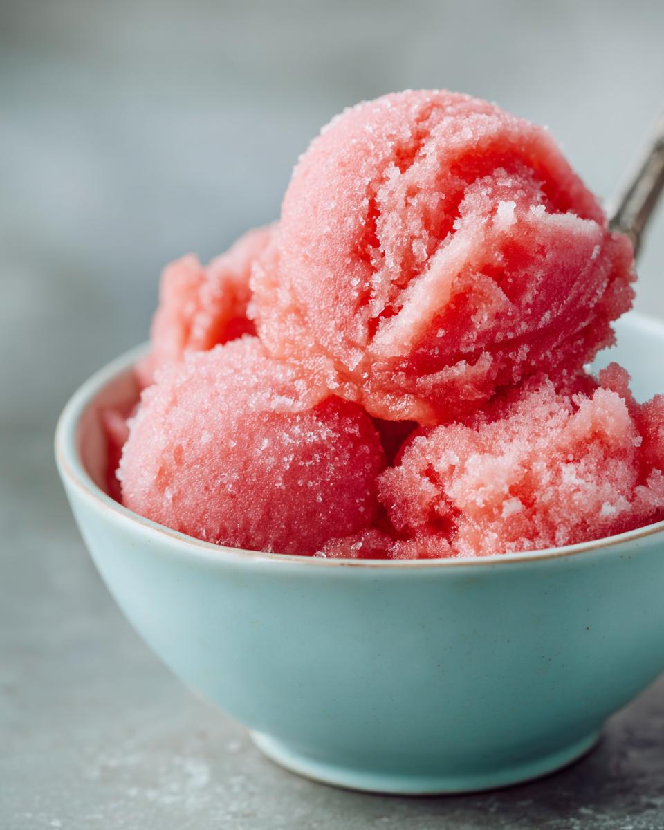 Close-up of three scoops of pink watermelon sorbet in a light blue bowl, perfect for watermelon recipes.