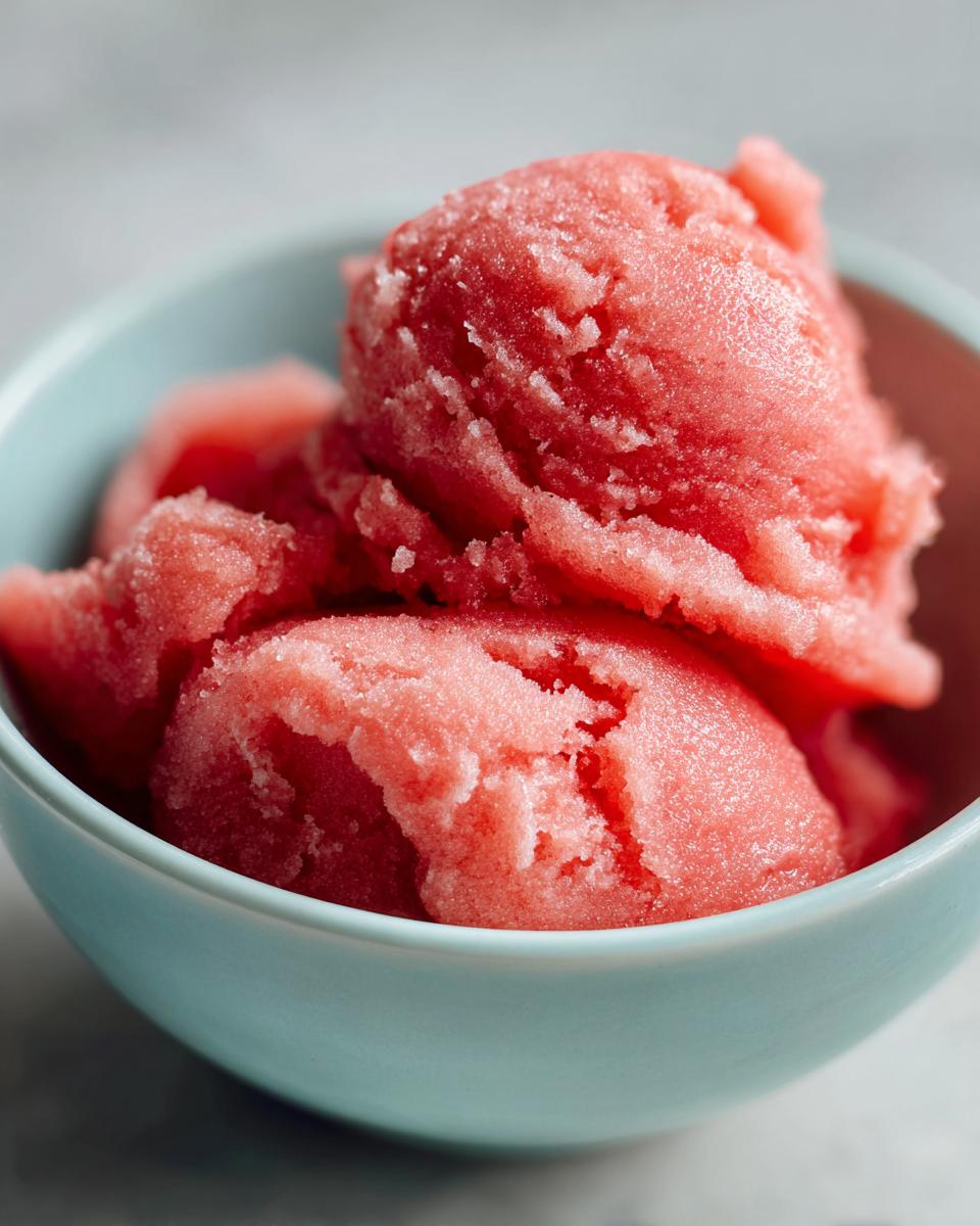Close-up of three scoops of vibrant pink watermelon sorbet in a light blue bowl.