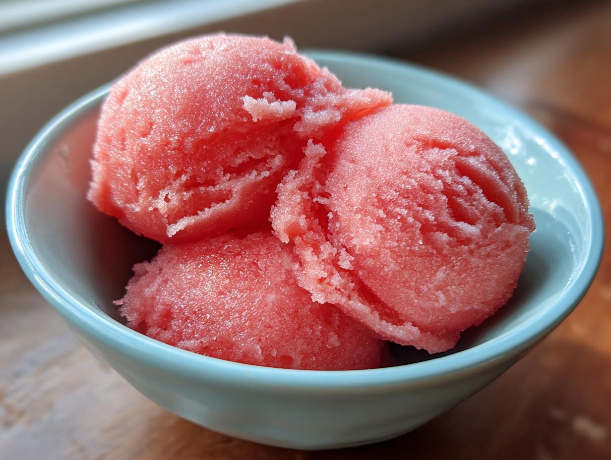 Close-up of three scoops of vibrant pink watermelon sorbet in a light blue bowl.