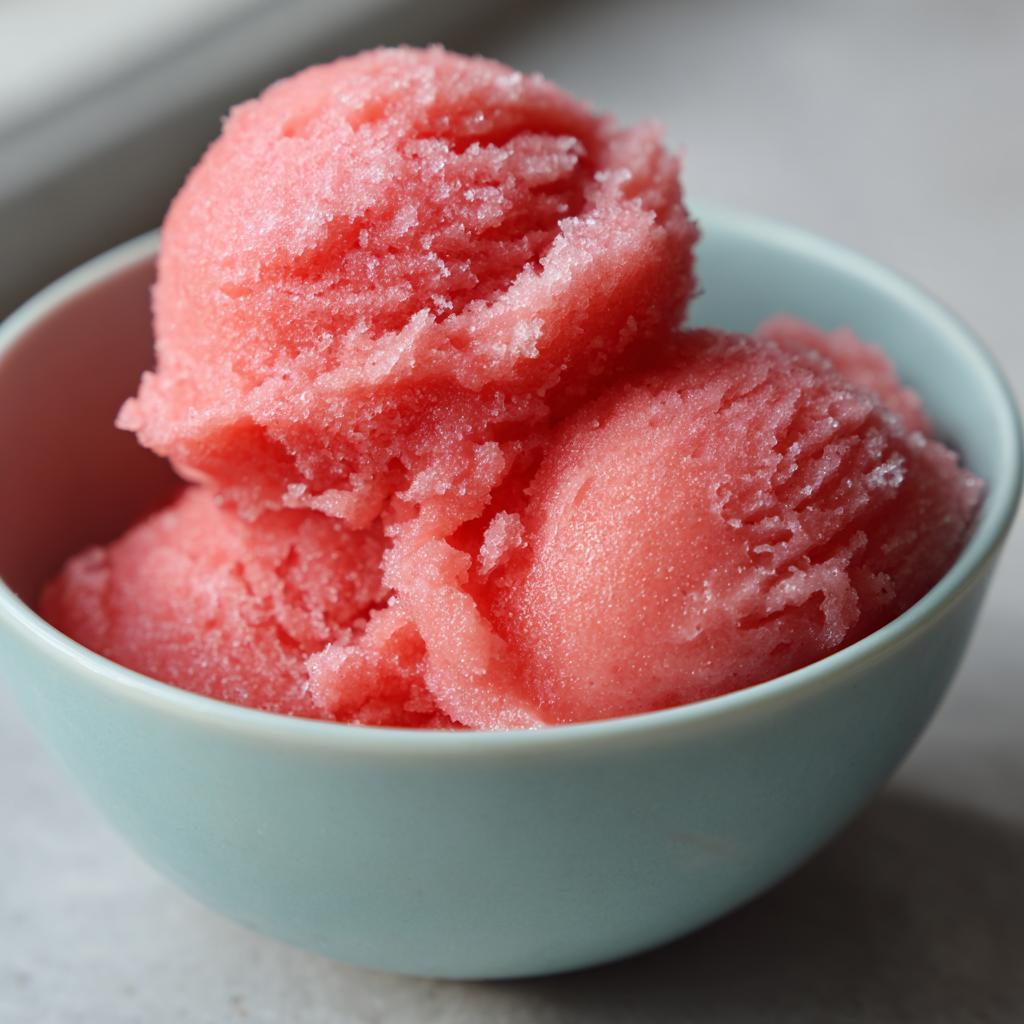 Close-up of scoops of pink watermelon sorbet in a light blue bowl, perfect for watermelon recipes.
